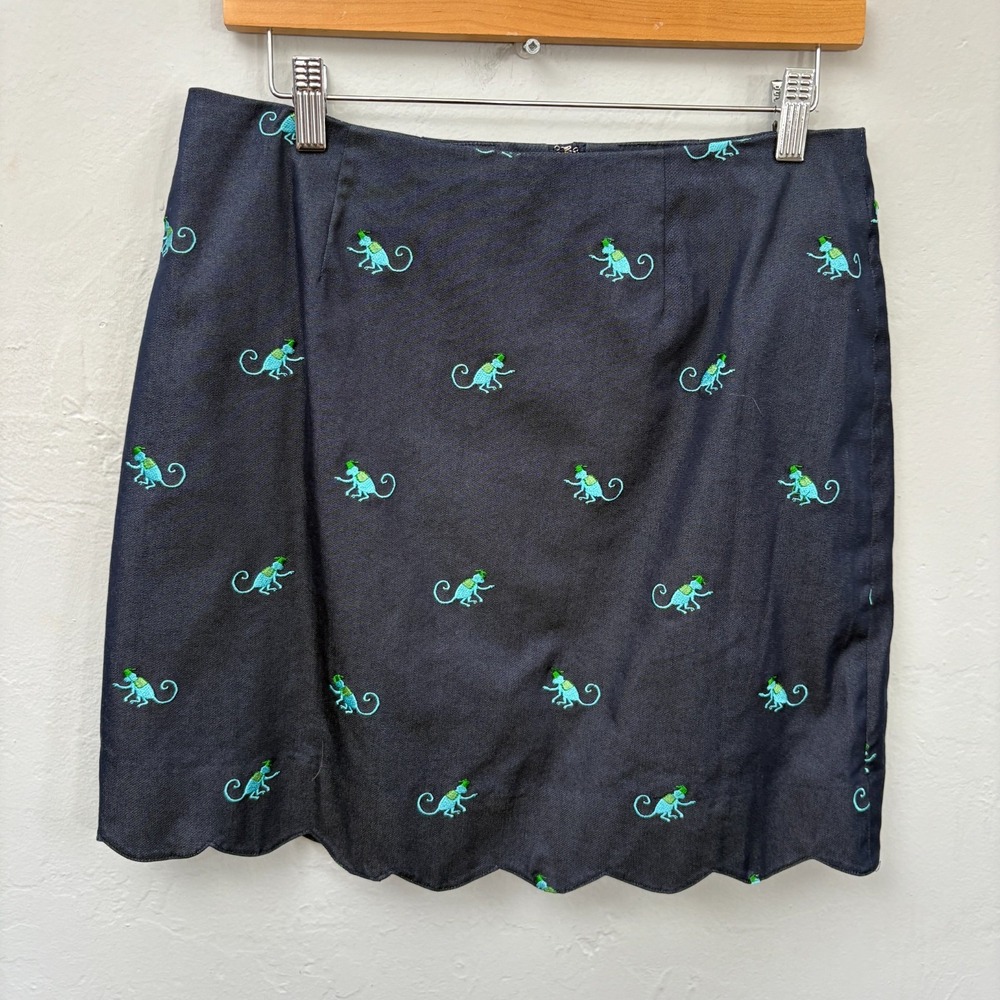Lilly Pulitzer Vintage Skirt Women Size 6 Blue Embroidered Monkeys Scallop Hem